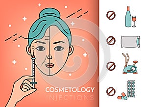 Cosmetic injections. Infographics. Vector flat illustration with place for text. Mesotherapy, rejuvenation