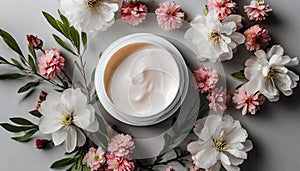 Cosmetic jar with cream and flowers. Natural beauty product. Flat lay