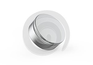 Metallic cosmetic jar mockup, blank aluminium round tin box on isolated white background photo