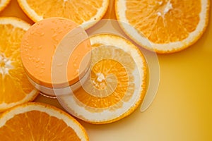 Cosmetic jar with natural energy vitamin skin care. Cosmetic cream on an orange background