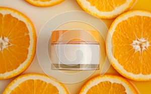 Cosmetic jar with natural energy vitamin skin care. Cosmetic cream on an orange background