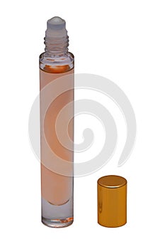 Cosmetic labels. Close-up of a opened orange elegant female parfum glass bottle isolated on a white background. Copy space for