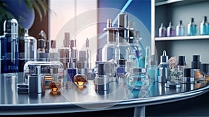 Cosmetic laboratory with bio research close-up. Generative AI.