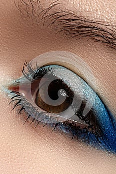 Cosmetic. Macro of sky-blue eye make-up, eyelashes