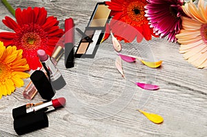 Cosmetic: make-up brushes, shadows, lipstick background. cosmetics for the background. Place for your text. Vignetted.