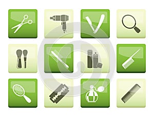 Cosmetic, make up and hairdressing icons over color background