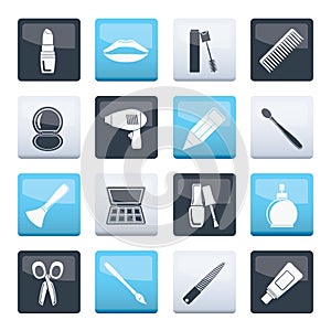 cosmetic, make up and hairdressing icons over color background