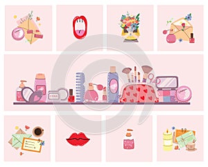 Cosmetic and makeup collection. Cream tube, lipstick, nail polish, mascara, eye shadows, brush. Flat hand drawn style