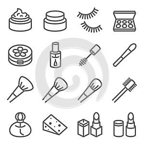 Cosmetic Makeup Vector Line Icon Set. Contains such Icons as Nail Polish, Lipstick Mascara, Eyelash and more. Expanded Stroke