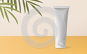 Cosmetic makeup white tube mockup realistic vector 3d illustration on beige and yellow background with tropical palm