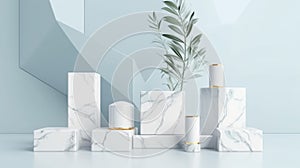 Cosmetic marble podium product minimal scene with platform grey background 3d render. Display stand for pastel white color mock up