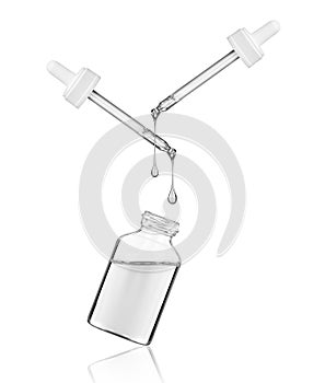 Cosmetic or medical bottle with two pipettes on white background photo