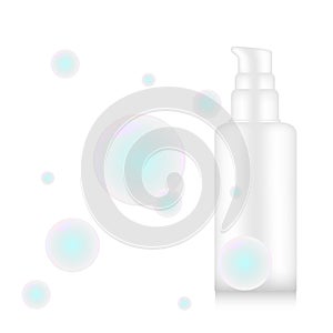 Cosmetic mockup 3d illustration pump bottle with water soap bubble