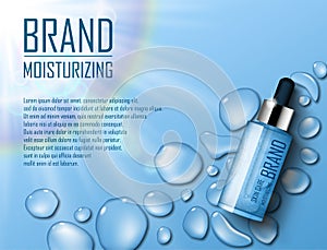 Cosmetic Moisture product. Ads of premium serum essence for skin care with soap bubbles and waterdrop. Template for