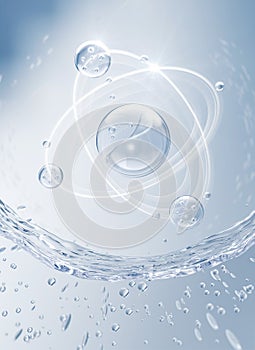 Cosmetic moisturizer water molecule, Cosmetic Essence, Liquid bubble, Molecule inside Liquid Bubble on water background, 3d
