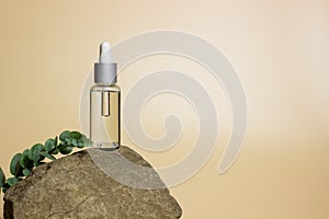 Cosmetic oil for the face in a jar with a dropper on a stone with a eucalyptus leaf. Beige background.