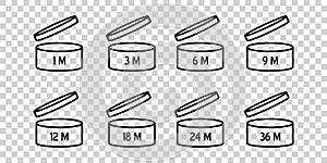 Cosmetic open month life. Expiration period symbols collection. Best before date PAO vector icons