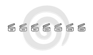 Cosmetic open monthly shelf life icon set. The period after opening on an isolated background. EPS 10 vector