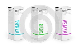 cosmetic packaging boxes with different products. Realistic 3d paper boxes with colorful packaging typography.