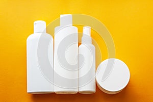 Cosmetic packaging containers for haircare, Set of unbranded bottles, Beauty and spa concept