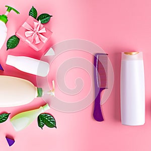 Cosmetic packaging plastic bottle shampoo cream shower gel milk green leaves sponge box gift bow Natural organic product skin and