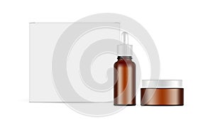 Cosmetic Packaging Set. Box, Serum Amber Bottle and Cream Jar