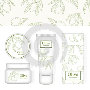 Cosmetic packing with the image of olive. Pattern from olives.