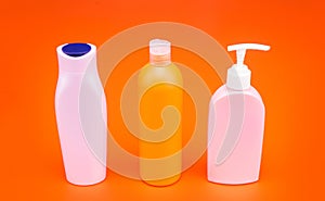 For cosmetic packing. Packaging bottles. Refillable bottles with flip cap and pump dispenser. HDPE