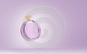 Cosmetic perfume bottle isolated on purple background. Glass round container with pink liquid for women. Cosmetics