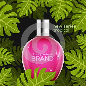 Cosmetic perfume tropic bottle design template. Summer beauty advertising female spray container perfume