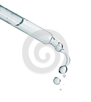 Cosmetic pipette with dripping drops close-up on a white background