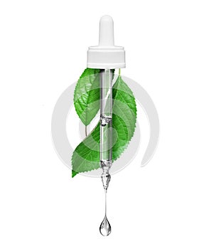 Cosmetic pipette with green leaves close-up isolated on a white background