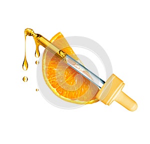 Cosmetic pipette with a slice of orange close-up isolated on a white background