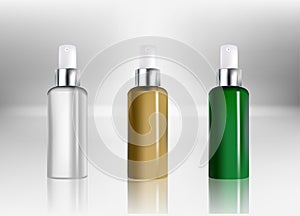 Cosmetic plastic bottle spray. Liquid container for ads package.