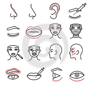 Cosmetic plastic face surgery vector thin line icons set