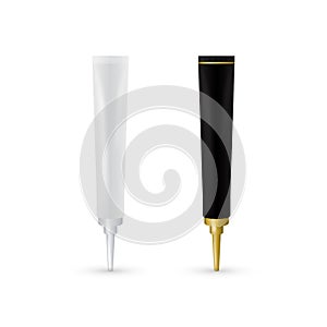 Cosmetic plastic tube for gel, liquid, lotion, cream, sunscreen. Beauty product package, vector illustration.