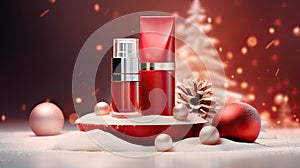 a cosmetic podium adorned with a gift box wearing Santa's hat, skincare essentials, including water and oil-based