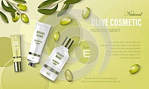 Cosmetic poster ad. Realistic glass jar with green olives, circular disks and realistic tubes. Face cream, body wash