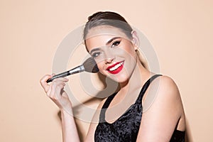 Cosmetic Powder Brush. Beauty woman with clean healthy skin, natural make up, spa concept. Beautiful tender girl.