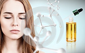 Cosmetic primer oil near woman face with big molecule chain.