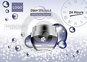 Cosmetic product ad with weter drop, concept of light textured and moisturizing face serum, 3d illustration