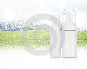 Cosmetic product for cream, foam, shampoo. on Panorama of Moun
