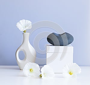 cosmetic product mock up with white boxes and vase