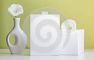 cosmetic product mock up with white boxes and vase on light green background