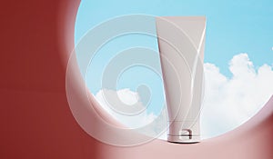Cosmetic product mock up. White tube template against blue sky. 3D Rendering