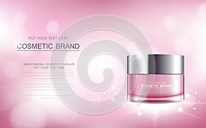 Cosmetic product poster, bottle package design with moisturizer cream or liquid, sparkling background with glitter polka