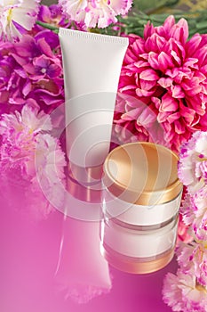 Cosmetic products for face and body with flowers