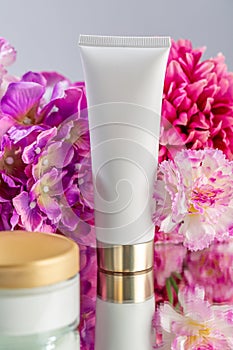 Cosmetic products for face and body with flowers