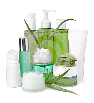 Cosmetic products and fresh aloe isolated on white