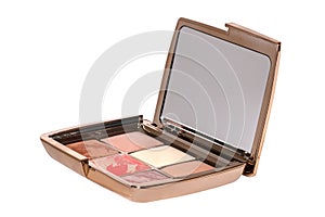 Cosmetic products isolated. Close-up of a elegant opened box with various cheek or face powder in it isolated on a white